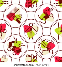 Vector seamless pattern. Summer sports icon, simple line. Canoeing, Volleyball, Rhythmic and artistic Gymnastics, Tennis, Water polo and Boxing theme. Trendy colors