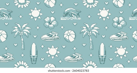 Vector seamless pattern with summer style of pixel art. Prints dolphin, palm tree, sun, surfboard, hibiscus sea concept. Vector.