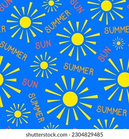 Vector seamless pattern. Summer pattern with sun on a blue background with lettering.