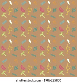 Vector seamless pattern in summer symbols in the form of a palm tree, glasses with a cocktail, watermelon, ice cream, sea waves, strawberries on a monochrome peach background