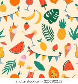 Vector seamless pattern with summer symbols- fruits, drinks, cocktails, ice cream, palm leaves. Tropical background with exotic fruit and leaves. Summer vacation concept.