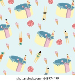 Vector seamless pattern with Summer symbols.Bikini,people,beach,ice cream,cake,balls.