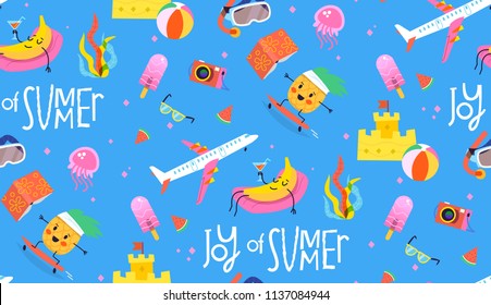Vector seamless pattern with summer vacation elements. Ocean vacations,   pool parties and traveling far away.  