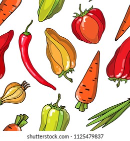 Vector seamless pattern with summer vegetables : pepper, tomatoes, carrot, onion.