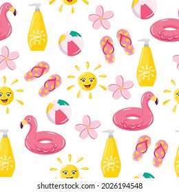 Vector seamless pattern of summer vibes. A set of summer elements. Tropical. Vacation. Holidays.