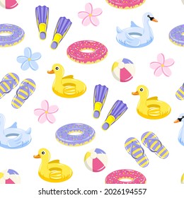 Vector seamless pattern of summer vibes. A set of summer elements. Tropical. Vacation. Holidays.