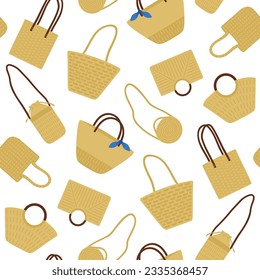 Vector seamless pattern with summer wicker bags on a white background