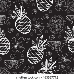 Vector seamless pattern. Summertime theme. Pineapple, orange fruit, lime, tropical flowers. Hand drawn sketches.