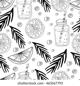 Vector seamless pattern. Summertime theme. Cocktails, orange fruits, limes, palm leaves. Hand drawn sketches.