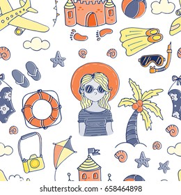Vector seamless pattern with sun, beach, boat , swimming suit, girl in sunglasses, sand castle, barbecue party. 