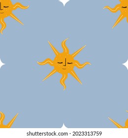 Vector seamless pattern with Sun with closed eyes in vintage style