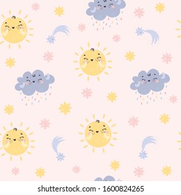 vector seamless pattern with sun and cloud. cute characters, background for textile, design of paper, packaging, fabrics, baby shower
