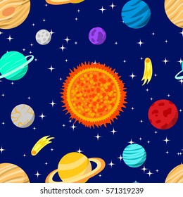 vector seamless pattern with sun and colorful planets of the solar system and comet on the starry sky. Space in cartoon style. hand drawn celestial bodies on blue background.