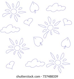 Vector seamless pattern with sun, heart, leaf and cloud