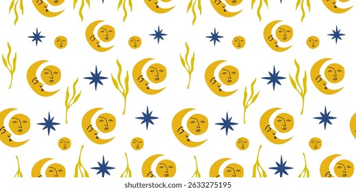 Vector seamless pattern with sun, moon and stars. Mystical ornament in retro cartoon style for greeting card, wallpaper, wrapping paper, fabric. Bohemian art illustration