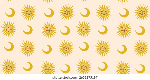 Vector seamless pattern with sun, moon and stars. Mystical ornament in retro cartoon style for greeting card, wallpaper, wrapping paper, fabric. Bohemian art illustration