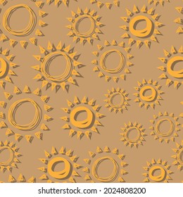 vector seamless pattern sun simple isolated hand drawn lines, doodle of yellow with shadow, orange ray  or burst of sun for banner, background, wallpaper, cover etc. 
