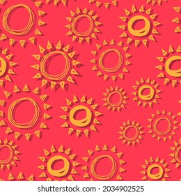 vector seamless pattern sun simple isolated hand drawn lines, doodle of yellow with shadow, orange ray  or burst of sun for banner, background, wallpaper, cover etc. 