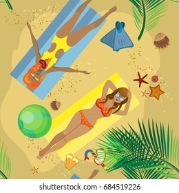 Vector seamless pattern. Sunbathing girls on the beach under the palm trees