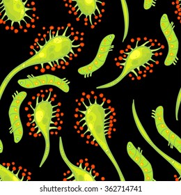 Vector seamless pattern with sundew and larva. Doodle and colorful sundew pattern with green larva on black background. Beautiful carnivorous plant.