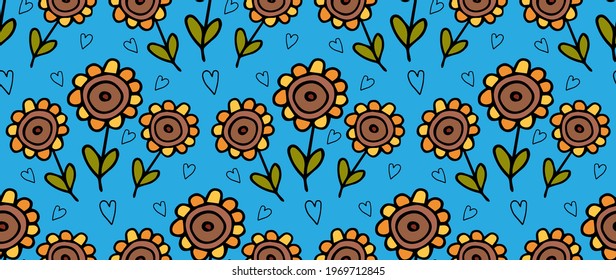 Vector seamless pattern with sunflower flower and hearts hand drawn doodle in simple childish cartoon style. Positive cute summer blue background design. Pretty floral wallpaper, textile