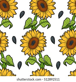 Vector seamless pattern with sunflower on white background