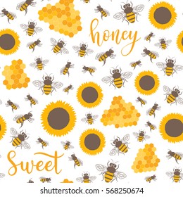 Vector seamless pattern with sunflowers, bees, honey sweet text. Sweet honey background for beekeeping products