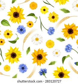 Vector seamless pattern with sunflowers, cornflowers, daisies, gerbera flowers, green leaves and ears of wheat on a white background.