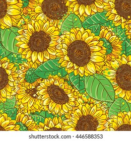 Vector seamless pattern with sunflowers in doodle line art style
