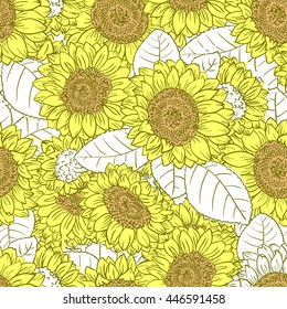 Vector seamless pattern with sunflowers in doodle line art style