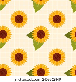 Vector seamless pattern with sunflowers in flat style. Botanical background. Cottage core illustration isolated on white background. Ideal for cards, logo, decoration, spring and summer design.