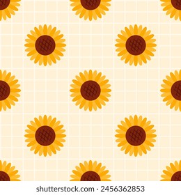 Patrón sin costuras de Vector con girasoles en estilo plano. Fondo botánico. Ilustración del núcleo de la cabaña aislada sobre fondo blanco. Ideal para tarjetas, logotipo, decoración, diseño de primavera y verano.