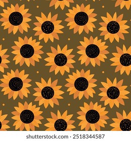 Patrón sin fisuras de Vector con girasoles en estilo plano. Fondo botánico. Ilustración del núcleo de la cabaña aislada sobre fondo verde. Ideal para tarjetas, logotipo, decoración, diseño de otoño.