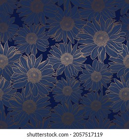 Vector seamless pattern of sunflowers. Luxury art deco gold metallic linear drawing on deep blue. Decorative print for wallpaper, wrapping, textile, fashion fabric.