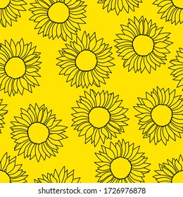 Vector seamless pattern with sunflowers. Sunflowers on a yellow background. Template for fabric, packaging, cards, posters and other uses.