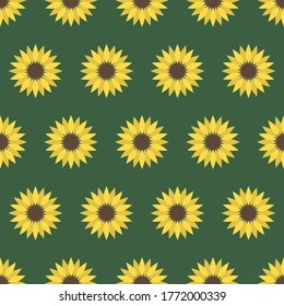 Vector seamless pattern with sunflowers on the green background.