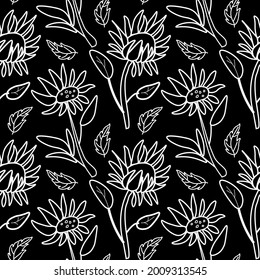 Vector seamless pattern with sunflowers on black isolated hand drawn background.Botanical,Spring,Summer doodle style white line print.Designs for textiles,fabic,wrapping paper,packaging,invitations.