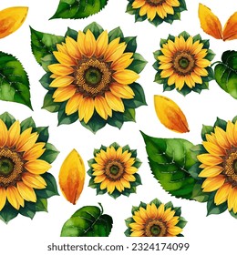 Vector seamless pattern with sunflowers in a watercolor style on a white plain background.
