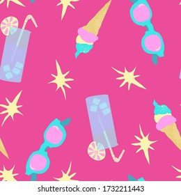 Vector seamless pattern with sunglasses, ice cream and lemonade on pink background