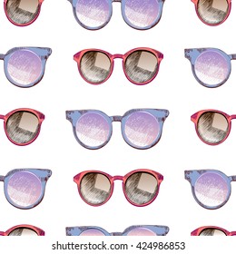 Vector seamless pattern of sunglasses. Trendy hipster peach sunglases, serenity and rose quartz round glasses, wifier. Summer protection accessory.