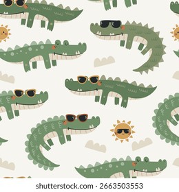 Vector seamless pattern with sunny crocodiles. Scandinavian style kids texture for fabric, wrapping, textile.