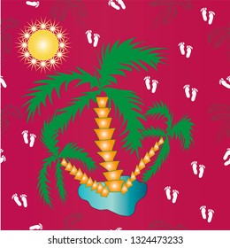 Vector seamless pattern with sun,palms and footprints