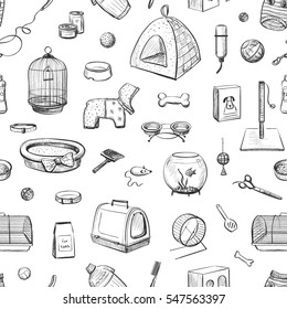  Vector seamless pattern supplies for pets  Sketches white background  