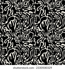 Vector seamless pattern with surreal characters. Black abstract monsters.