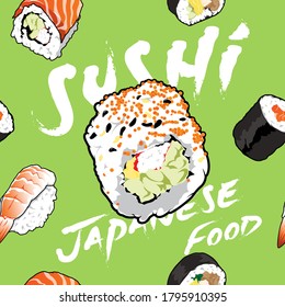 Vector Seamless Pattern, Sushi Avocado With Kani, Sushi, Japanese Food, Cuisine