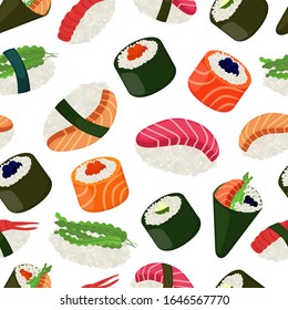 Vector seamless pattern of sushi. Japanese food in cartoon flat style, traditional asian cuisine. Sashimi, maki and nori.