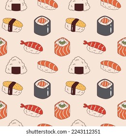 Vector seamless pattern with sushi and onigiri. Background with sake sushi, ebi nigiri, philadelphia and maki sushi roll. Asian food.