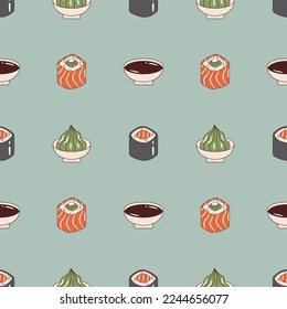 Vector seamless pattern with sushi roll, soy sauce and wasabi in retro style. Background with japanese food 70s.