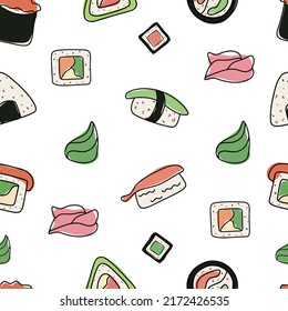 Vector seamless pattern with sushi and rolls. Original and minimalist doodle Japanese food design. Design for Japanese food restaurants. Sushi, rolls, soy sauce, ginger, wasabi.