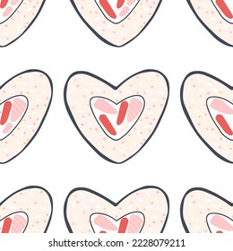 Vector seamless pattern with sushi rolls in the shape of a heart. Hand-drawn background with seafood.
